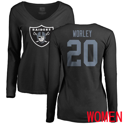 Oakland Raiders Olive Women Daryl Worley Name and Number Logo NFL Football #20 Long Sleeve T Shirt->nfl t-shirts->Sports Accessory